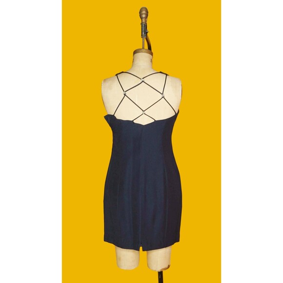 1990s NIKI by Niki Livas Navy Mini Dress W/CRISS CROSS Back & Rhinestone Knots S - Picture 3 of 10